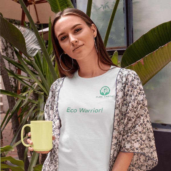 Model wearing Pure Earth Essentials T-shirt