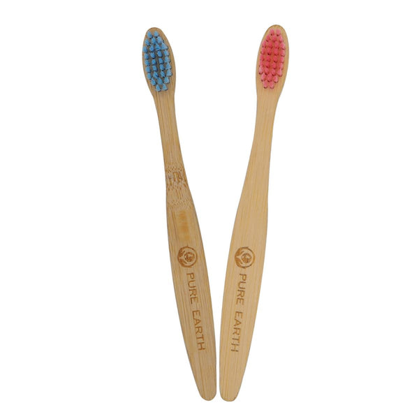 pink and blue childs bamboo toothbrushes