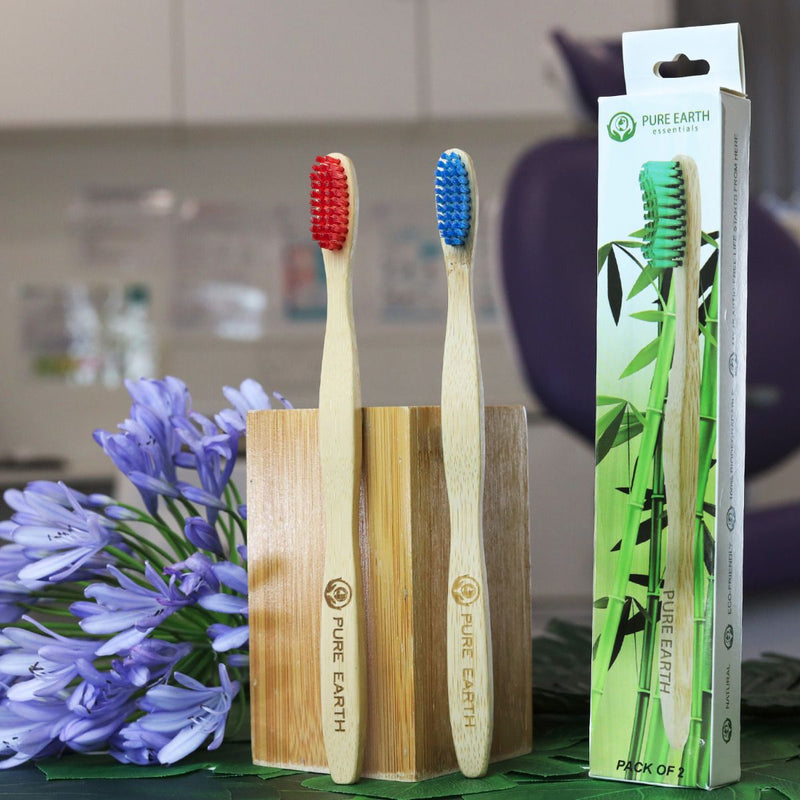 red and blue bamboo toothbrush 