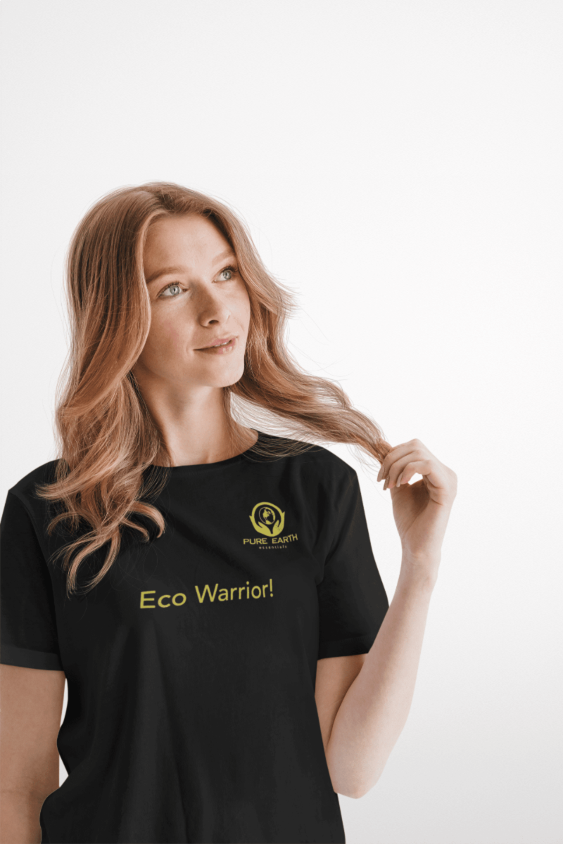 Model wearing Pure Earth Essentials T-shirt